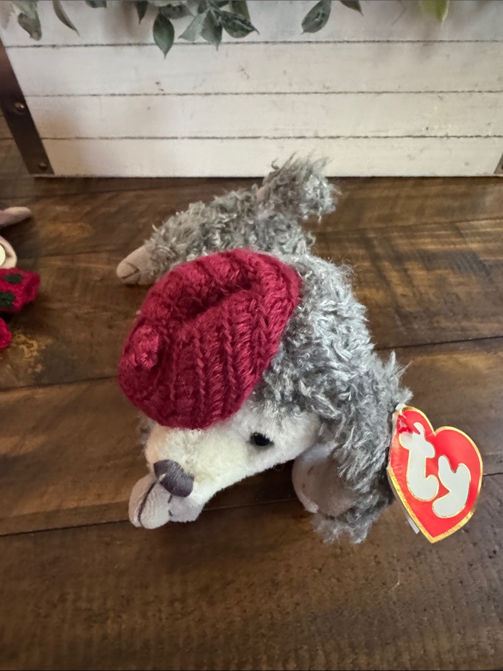 Beanie baby “Cheri”Ty Gray and Cream Puppy with Red Knit Beret